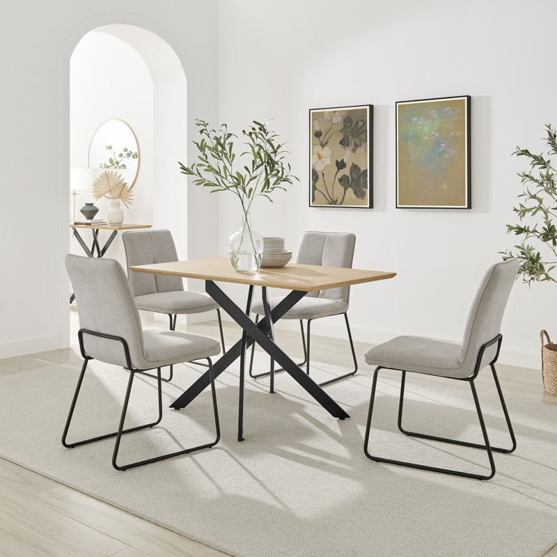 Aminata Veneer & Metal Round Dining Table With Ophelia Fabric Chairs - Modern Statement Design, 4