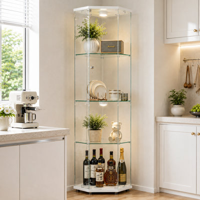 63.3" H Lighted Corner Curio Cabinet with Tempered Glass Shelves, Lock & Adjustable Feet