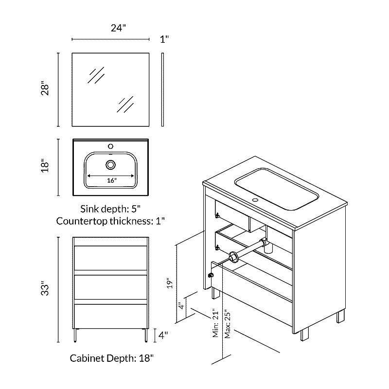Ensemble de meuble-lavabo simple avec miroir l 24 po x P 18 po x H 33 po, Gris sable