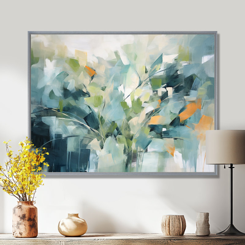 «Blue Botanical Garden III - Abstract Botanicals», art mural, H 30 po x l 40 po, Cadre flottant noir, Argent argent