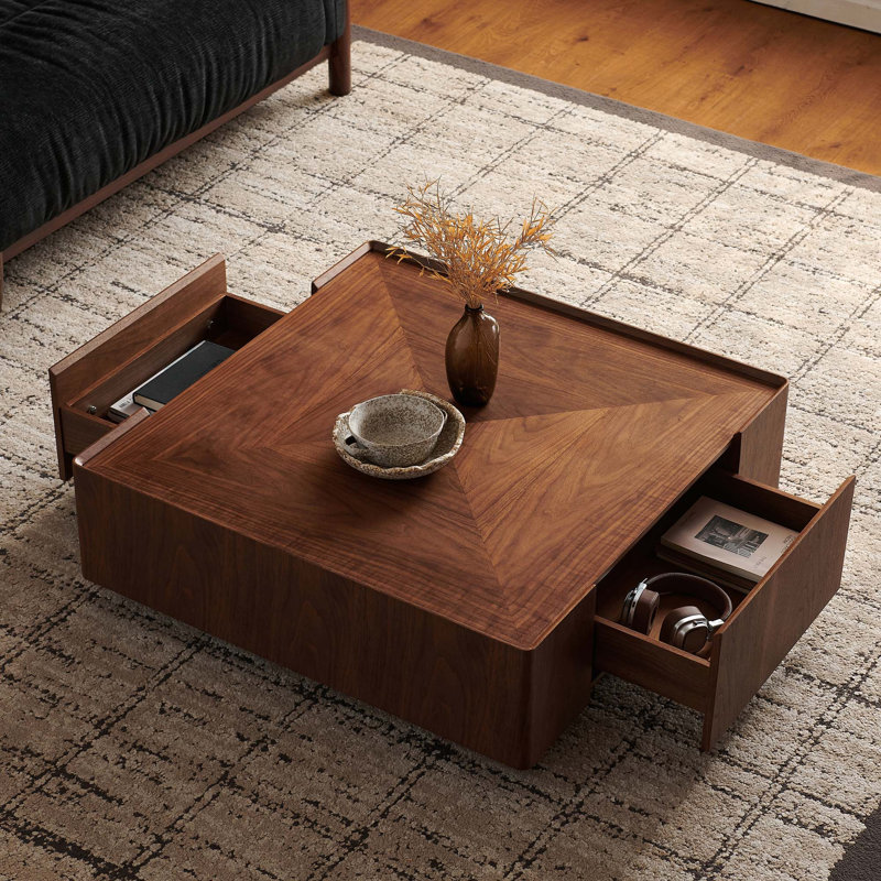 Table basse moderne carrée pour espaces de vie compacts avec grain de noyer et tiroirs de rangement