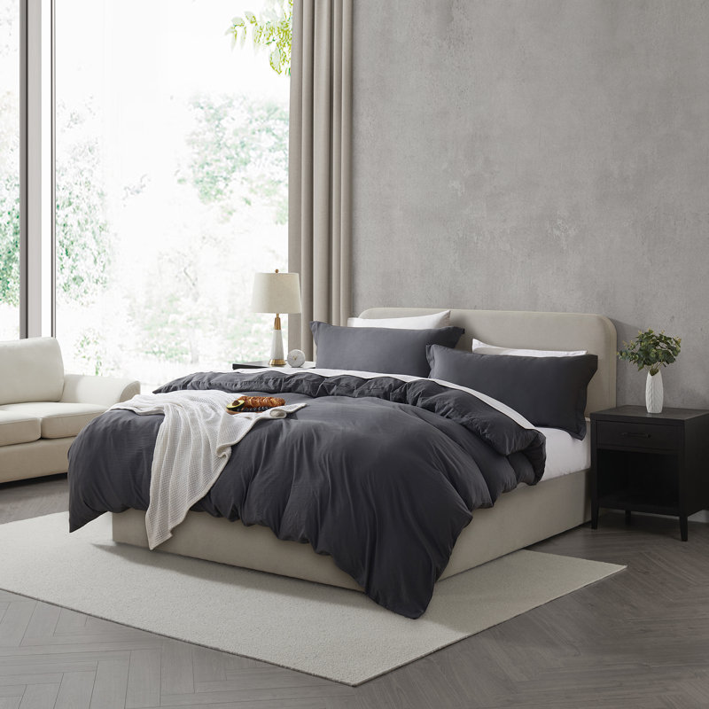 Ensemble de housse de couette prélavé, gris, Housse de couette double et 2 taies décoratives s
