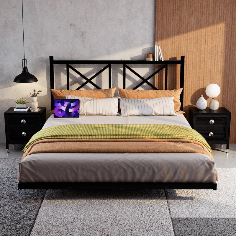 Base de lit plateforme grand format avec tête de lit flottante, charge USB, lumières DEL RVB et lattes en acier robustes - assemblage facile, noir moderne
