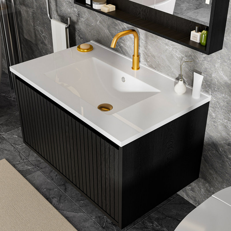 Meuble-lavabo mural flottant noir de 30 pouces avec lavabo en céramique, grand espace de tiroir
