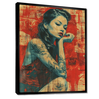 Asian Vintage Collage Red Blue Portrait - Asian Wall Art Decor