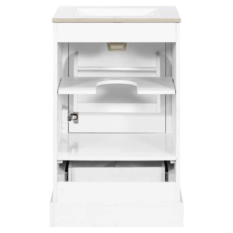Meuble-lavabo peu encombrant de 20 po avec poignée en alliage d'aluminium, lavabo en céramique Scratch, tiroir à fermeture en douceur silencieuse et rangement réglable de 20 po, mécanisme, support, structure en bois massif