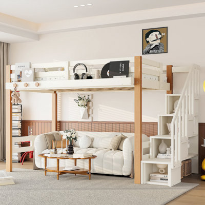 Lit mezzanine simple avec crochet à vêtements et tablettes de rangement, cadre de lit mezzanine en bois avec petites tablettes pour livres, espaces sous le lit, beige et naturel