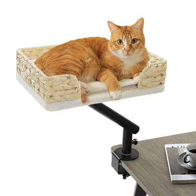 Wicker Cat Desk Bed For Indoor Cats, Supports Up To 50 Lbs, 360° Rotation & Adjustable Soft Plush Cats Hammock
