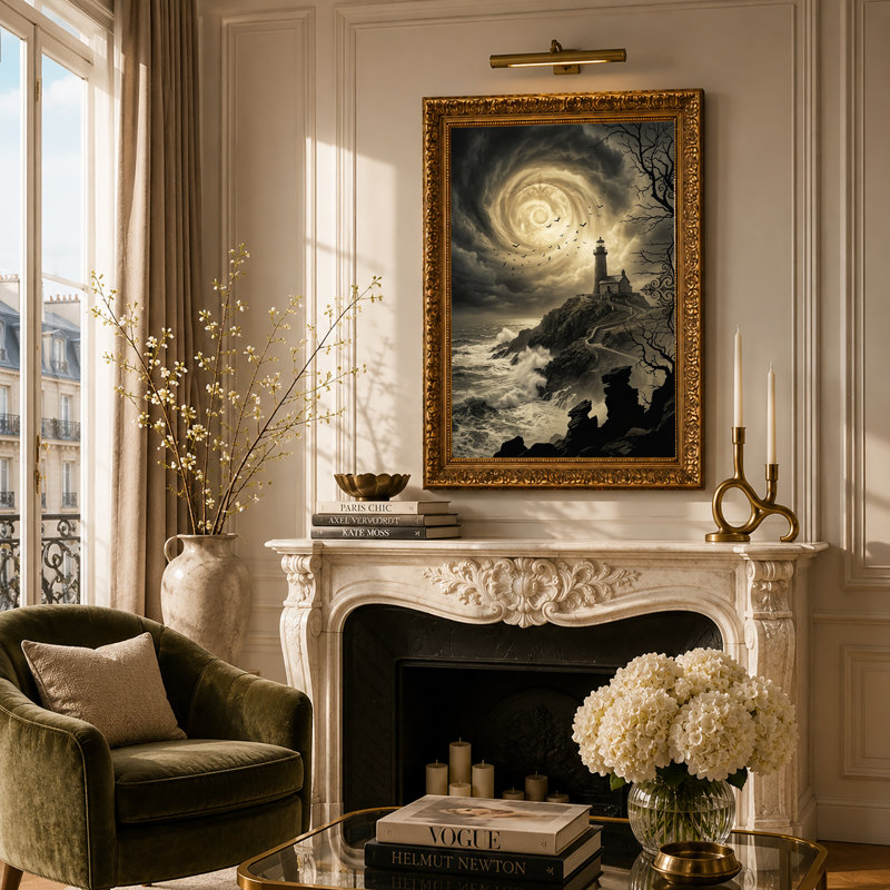 Art sur toile, "Phare sur une falaise orageuse avec lune tourbillonnante", 30"H x 20"W