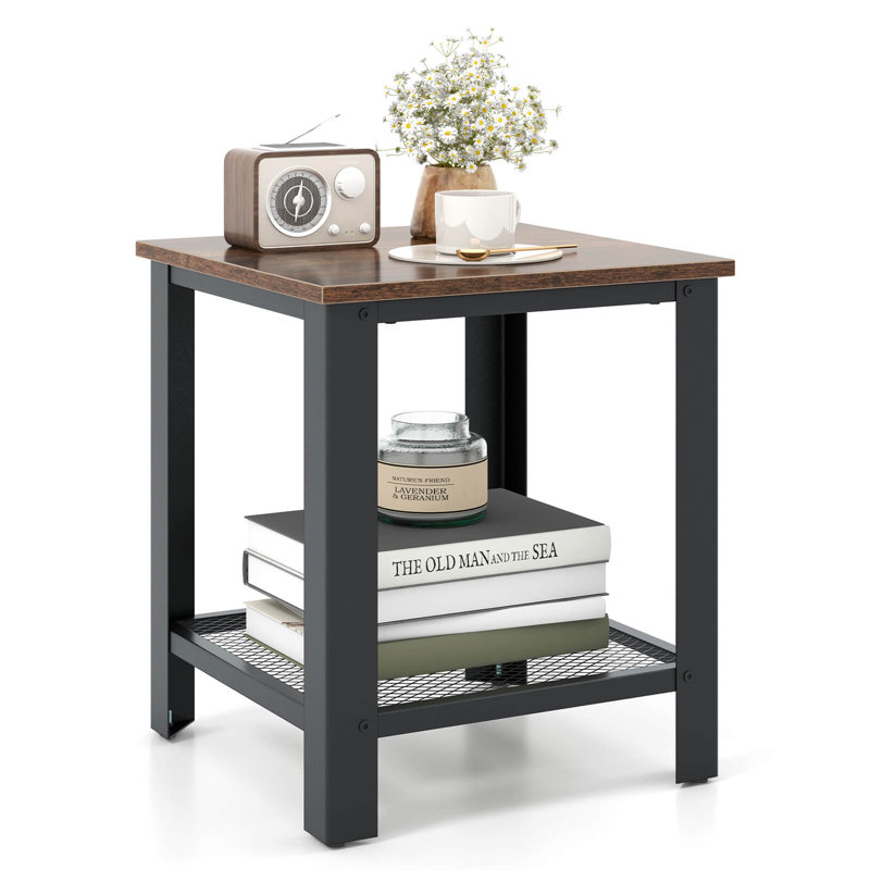 2-Tier Industrial Square Side Table with Storage Shelf, Black, Brown