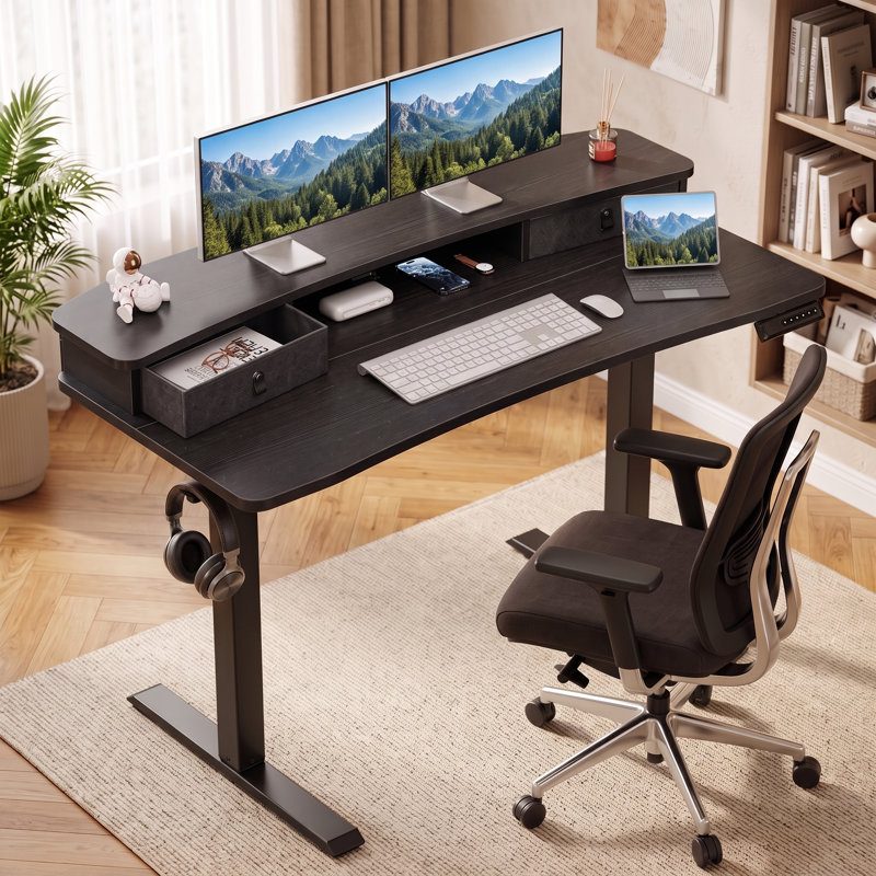 Bureau debout électrique à hauteur ajustable avec tiroirs Jeneffer, H 28 po x l 55 po x P 27 po, Noir, noir, noir, noir