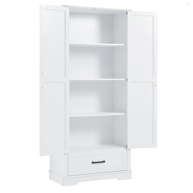 Grande armoire de rangement pour salle de bain, armoire avec deux portes et un tiroir, tablette réglable, panneau de fibres à densité moyenne, blanc