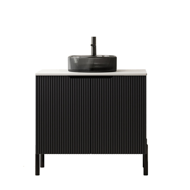 Meuble-lavabo sur pied 30 po avec lavabo, meuble de rangement autoportant avec 2 portes, lavabo rond en verre noir transparent et comptoir en pierre frittée blanc de Carrare