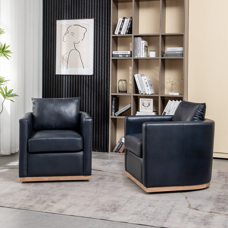 Azib 29'' Wide Genuine Leather Top Grain Leather Swivel Armchair, Navy Genuine Leather