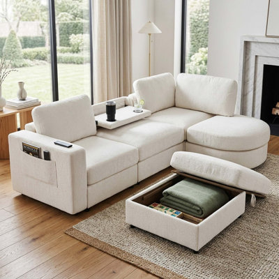 Canapé d'angle en chenille avec pouf de rangement et console rabattable