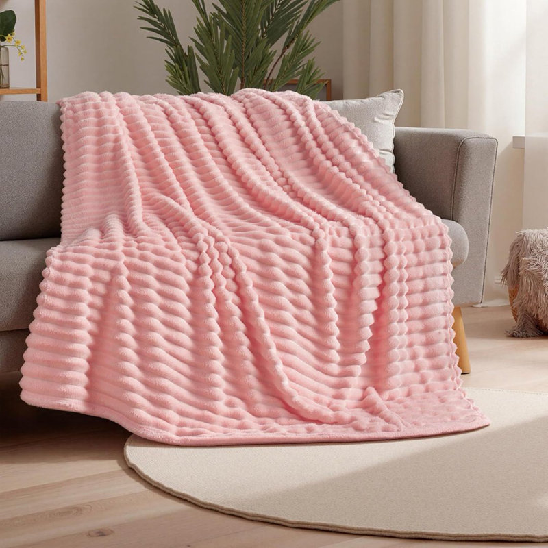 Striped Plush Lightweight Throw Blanket, Ultra Soft & Cozy for Sofa Couch Bed, Machine Washable, 150cm x 200cm, Pink