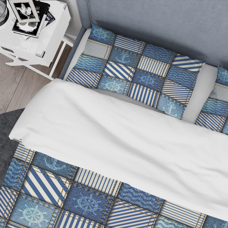 Blue Denim Patchwork - Abstract Duvet Cover Set - Microfiber Polyester, King Duvet Cover + 2 King Shams
