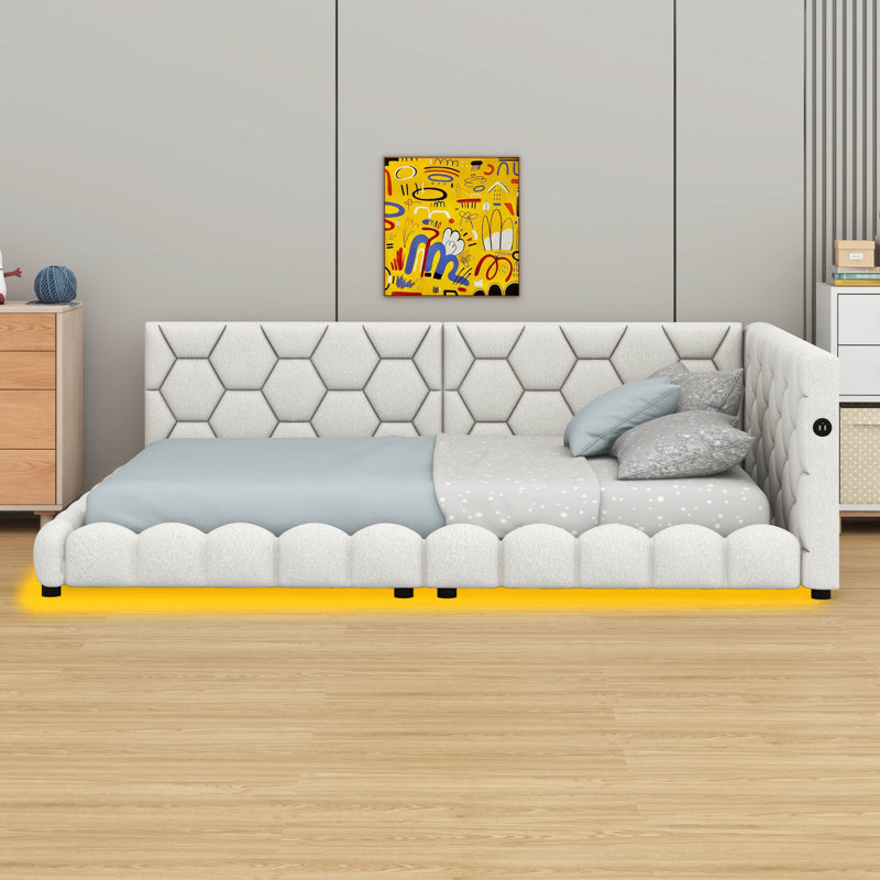 Canapé-lit double avec ceinture à DEL, lit plateforme tapissier avec ports USB, Blanc