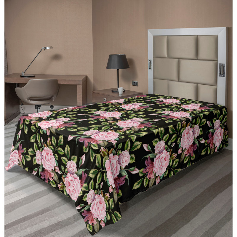 Ambesonne Flowers Flat Sheet Nostalgia Farmhouse, Rose Green and Black