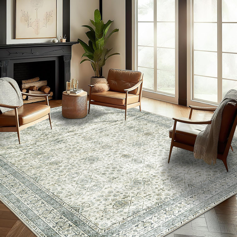 Tapis lavable à la machine Nainika Bev, Vert, Rectangle 4 pi 10 po x 7 pi