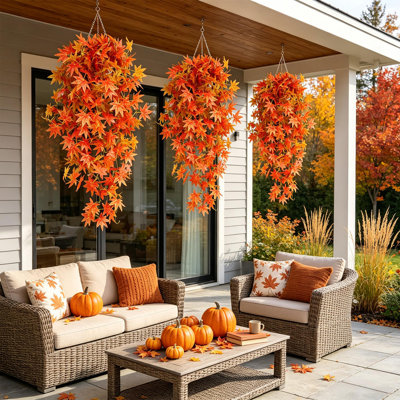 2 Pack Fall Faux Hanging Plants Maple Hanging Vines, 5 Fork Faux Autumn Maple Plants Thanksgiving for Farmhouse Indoor Outdoor Wall Decor (No Basket)