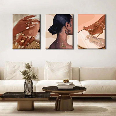 Black Girl Wall Art Abstract African American Decor Posters Fashion Black Woman Canvas Prints Modern Black Female Painting Pictures For Bedroom Living Room Bathroom Set Of 3 Framed