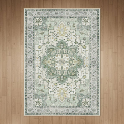 Tapis oriental vert / ivoire lavable à la machine avec envers antidérapant