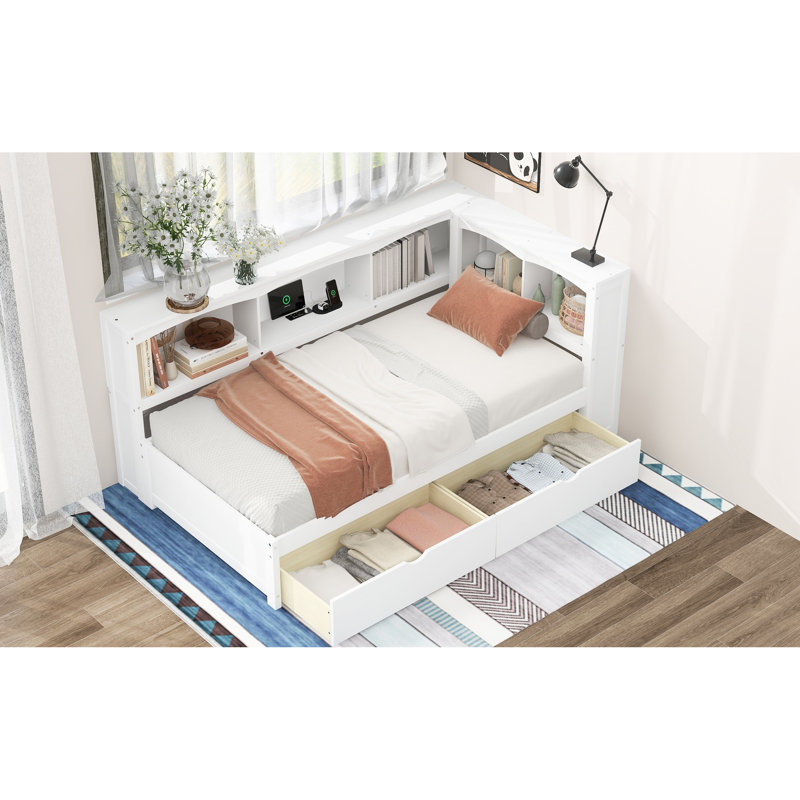 Lit de jour simple blanc avec tiroirs et prises de rangement - Cadre pour une chambre à coucher paisible Atmosphère deux ports