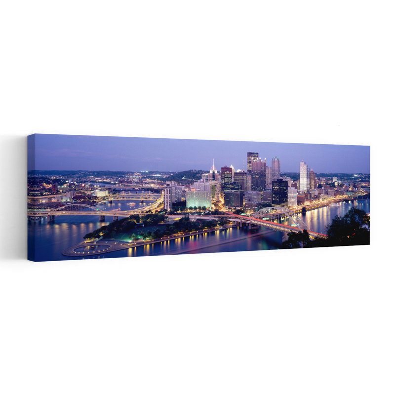 Buildings in a city lit up at dusk Pittsburgh Allegheny County Pennsylvania USA 1 Piece Wrapped Canvas Panoramic Wall Art