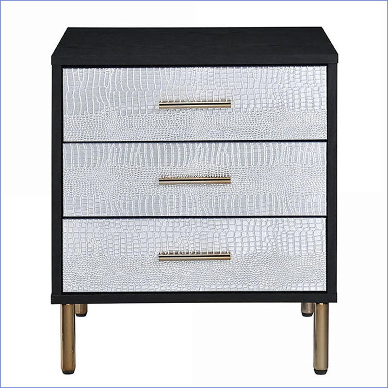 Table de chevet noire à 3 tiroirs avec détails métalliques Pieds en métal