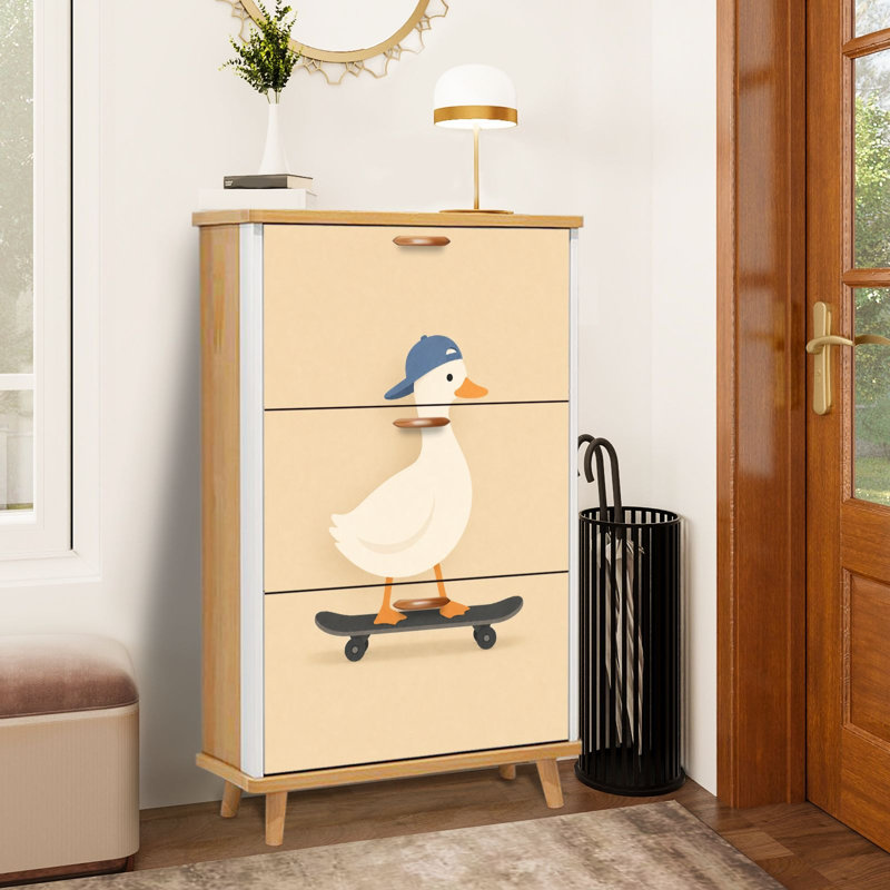 Armoire de rangement pour chaussures avec 3 tiroirs rabattables pour un canard mignon portant un range-chaussures beige