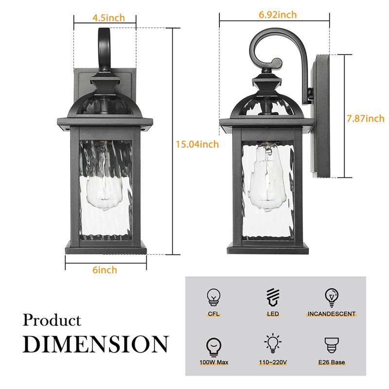 Lanterne murale extérieure imperméable (ampoules non incluses), H 15 po x l 6 po x P 6 po