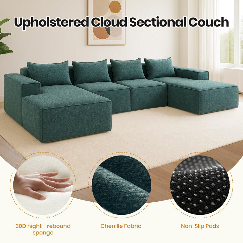 No Assembly Required 4 - Piece Chenille Sofa, Green Chenille