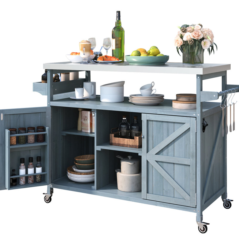 Chariot de cuisine d'extérieur classique: acier inoxydable et bois. Conception modulaire. 4 verrouillables. Gris-bleu Barre porte-serviette en bois massif avec porte-crochet magnétique