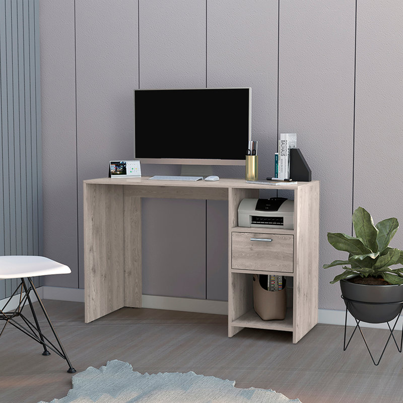 Bureau d'ordinateur Odessa avec tiroir simple et armoires de rangement ouvertes, Gris clair