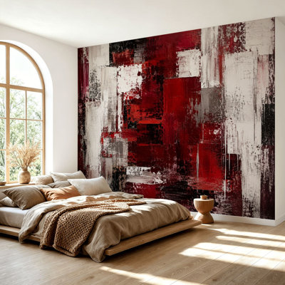 Wall Mural Peel and Stick Wallpaper Abstract Red White Black Composition Layered Brushstrokes Distressed Self-Adhesive Removable Contact Paper Wall Decor for Living Room Bedroom 69"H x 96"W