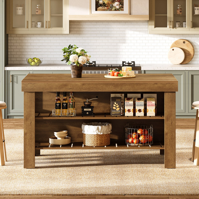 55.1" Kitchen Island Table With Storage And Seating For Kitchen Dining Room, Brown