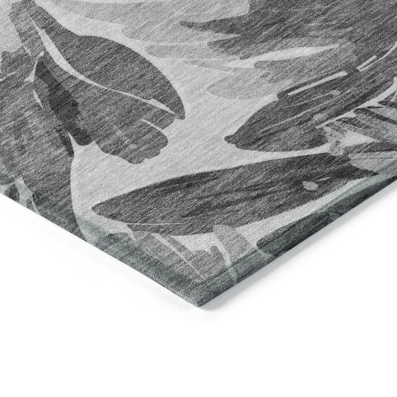 3' X 5' Gray And Charcoal Floral Washable Indoor Outdoor Area Rug