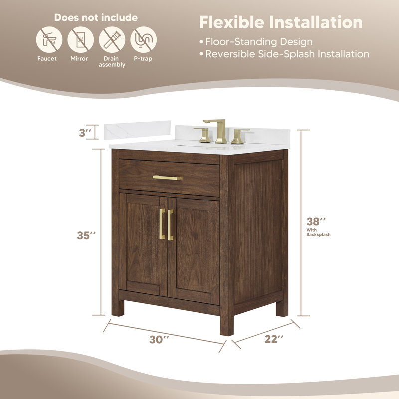 30 in. Single Vanity, Dark Walnut, Matte Black, White Quartz