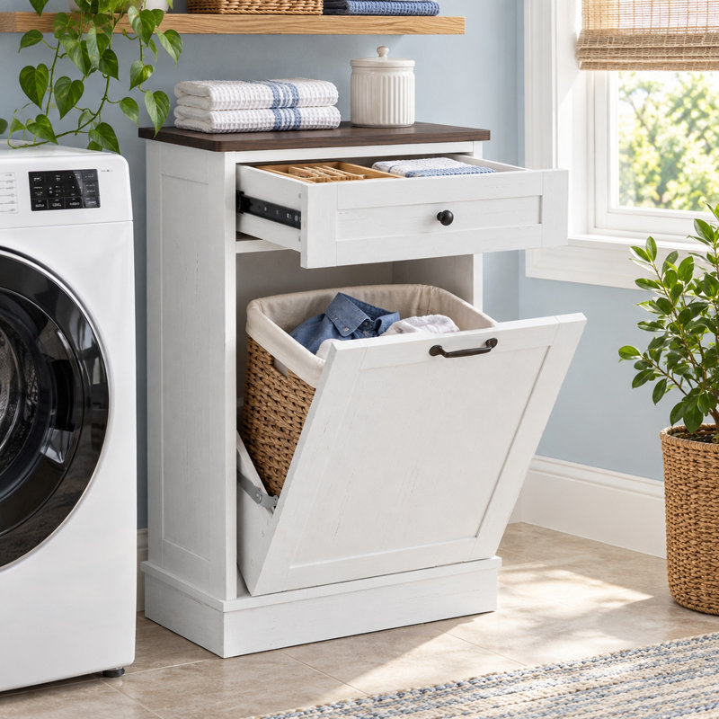 Meuble-poubelle à bascule de 13 pouces, en bois, pour cuisine et buanderie - Blanc, Blanc