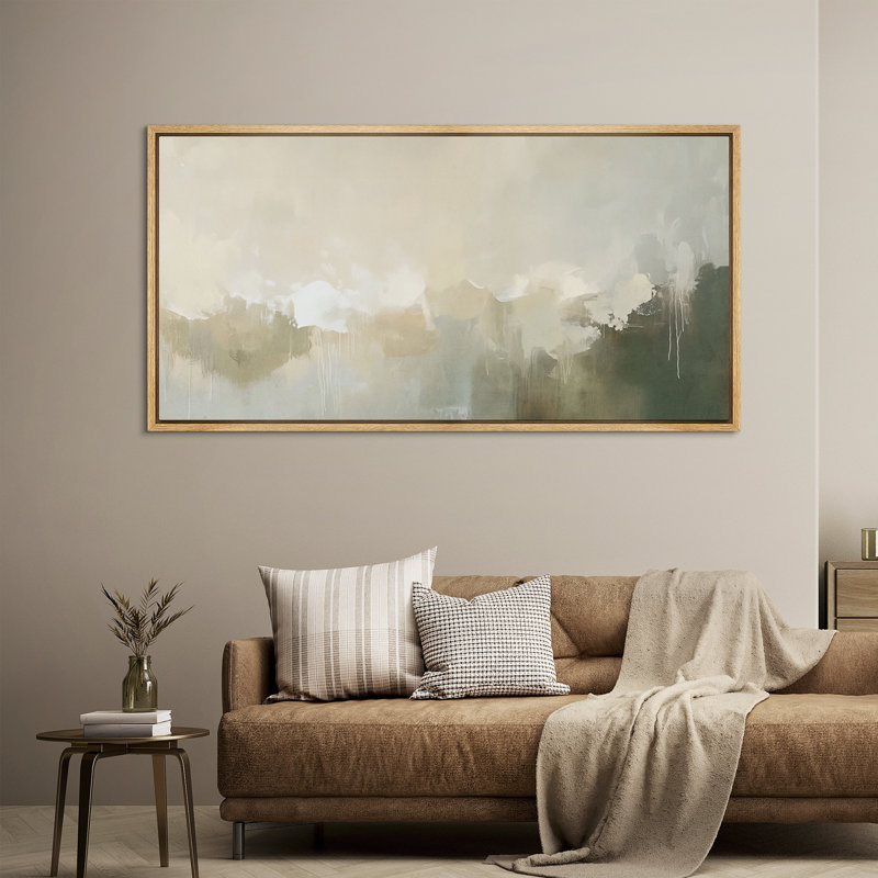 Toile encadrée avec tons de terre, ciel abstrait et montagnes dans les verts, Naturel, H 30 po x l 60 po