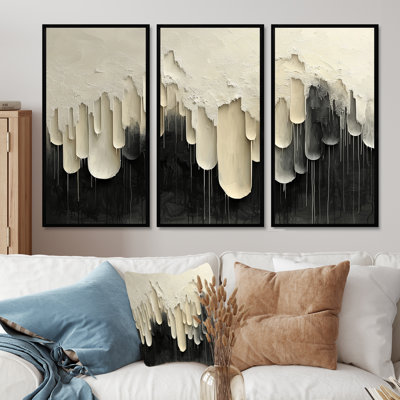 Black White Unbound Horizons Drip Painting IV - Drip Painting Wall Art For Living Room - Set Of 3