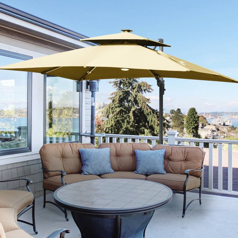 Parasol de patio en porte-à-faux de 10 pi avec éclairage à DEL et banque de puissance, rotatif à 360 °, inclinable, fonction d'inclinaison des lumières kaki, couleur pour le jardin