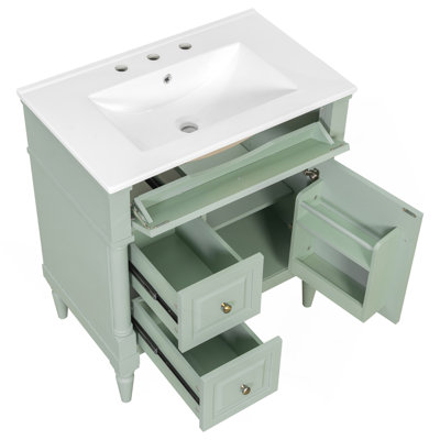 Meuble-lavabo de 30 po avec lavabo, armoire de salle de bain autoportante verte avec tiroir rabattable et tablette réglable, structure en bois d'hévéa, panneaux de fibres à densité moyenne et poignées en métal