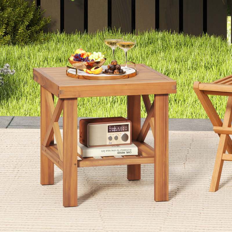 Outdoor Side Table Acacia Wood Adirondack Table w/ Storage Shelf Natural, 1