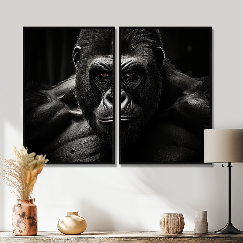 «Black and White Gorilla Majestic II», ensemble d'art mural sur toile noire, 36" H x 48" W, Impression encadrée flottante