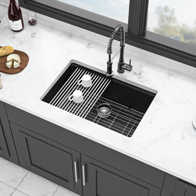 28 - Inch By 19 Black Quartz Workstation Undermount Kitchen Sink High End Material, Smooth Surface, Eliminates Vibration, With Drying Roll Up Rack And Bottom Grid Black, 28" X 19", Composite,