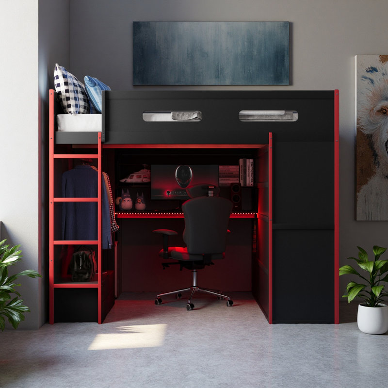 Full Size Wood Loft Bed With Desk,Wardrobe,Ample Storage Space,And RGB LED Light, Red