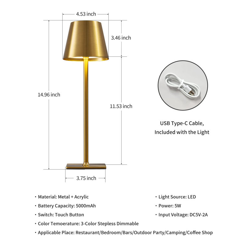 Portable Cordless LED Table Lamp, Dimmable Desk Lamp With 3 Colour Modes, Touch Control, 14.96" H x 4.53" W x 4.53" D, Gold