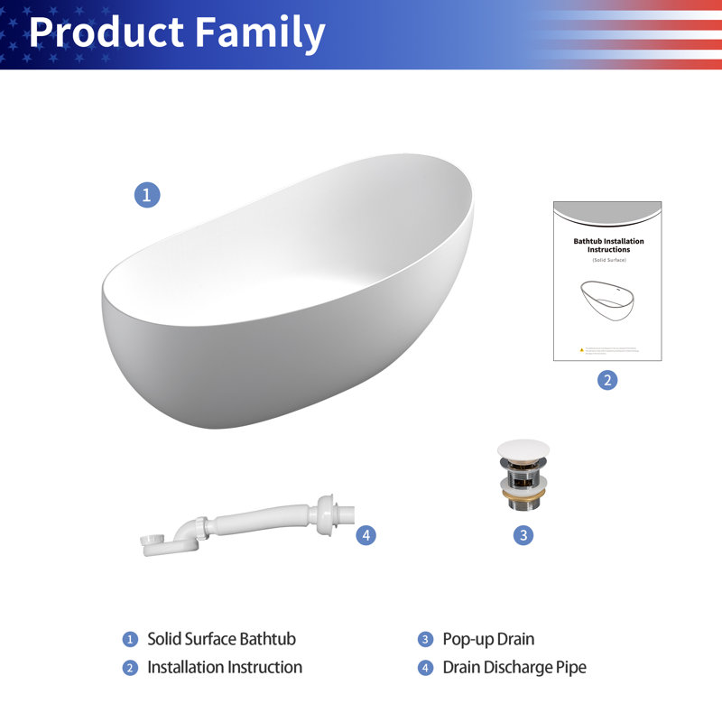 Matte White Solid Surface Freestanding Soaking Bathtub, 63-inch